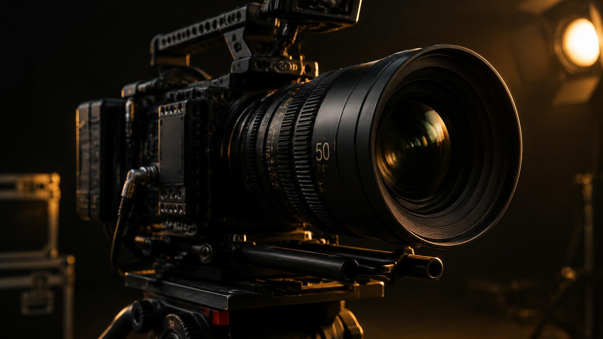 Cinema camera with lens close-up