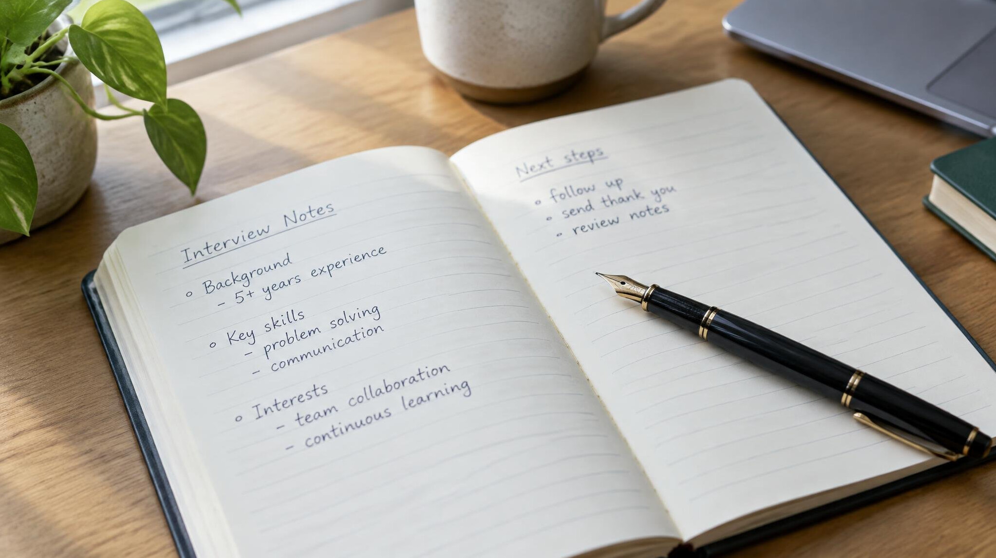 Open notebook with handwritten notes and a pen