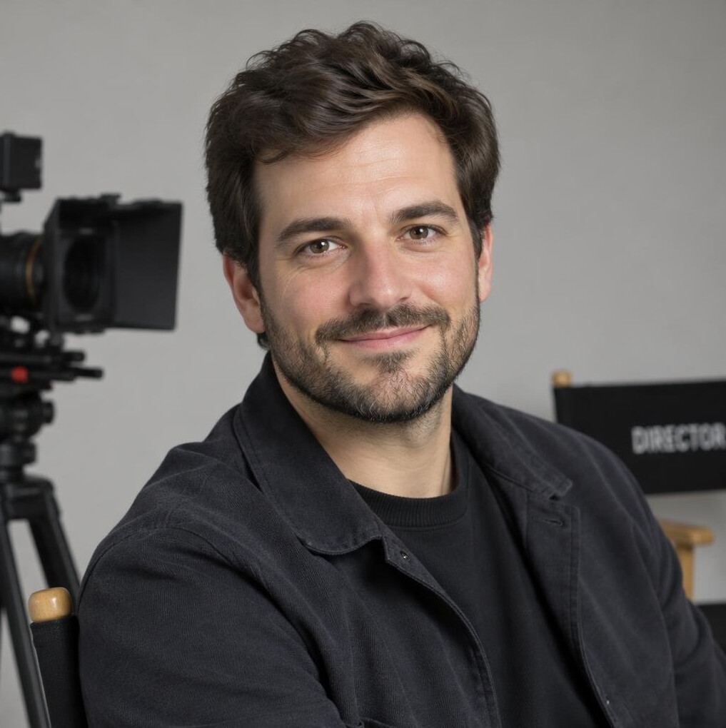 Portrait of a bearded man television director smiling