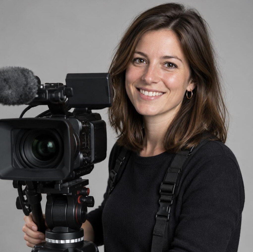 Portrait of a young woman camera operator smiling in a studio