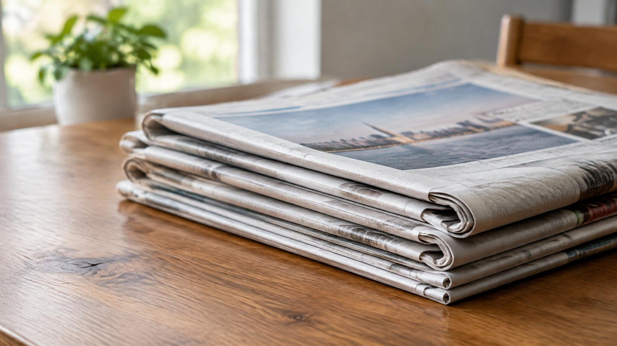 Stack of newspapers on a table